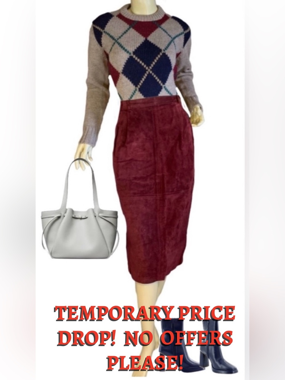 VINTAGE 1990'S CHAUS MAROON SUEDE MIDI SKIRT (20W)